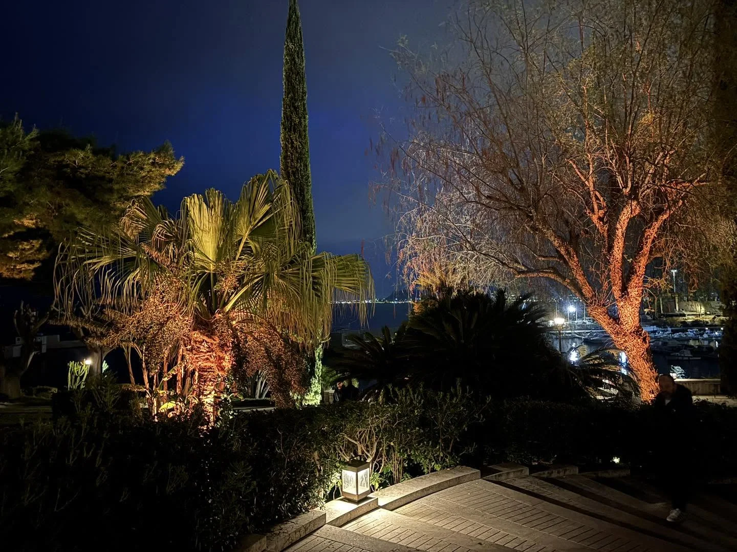 Jardin nocturne avec vue sur le port de Palerme